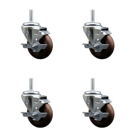 Service Caster 35 Inch High Temp Glass Filled Nylon 34 Inch Threaded Stem Caster Set with Brake SCC-TS20S3514-GFNSHT-TLB-34212-4